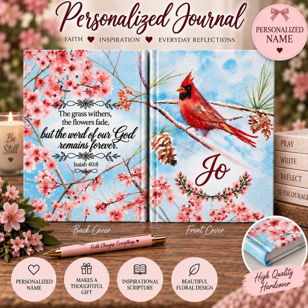 Personalized Jo Cardinal Journal, Isaiah 40:8 Christian Prayer Journal, Bible Verse Notebook, Faith Gift for Her