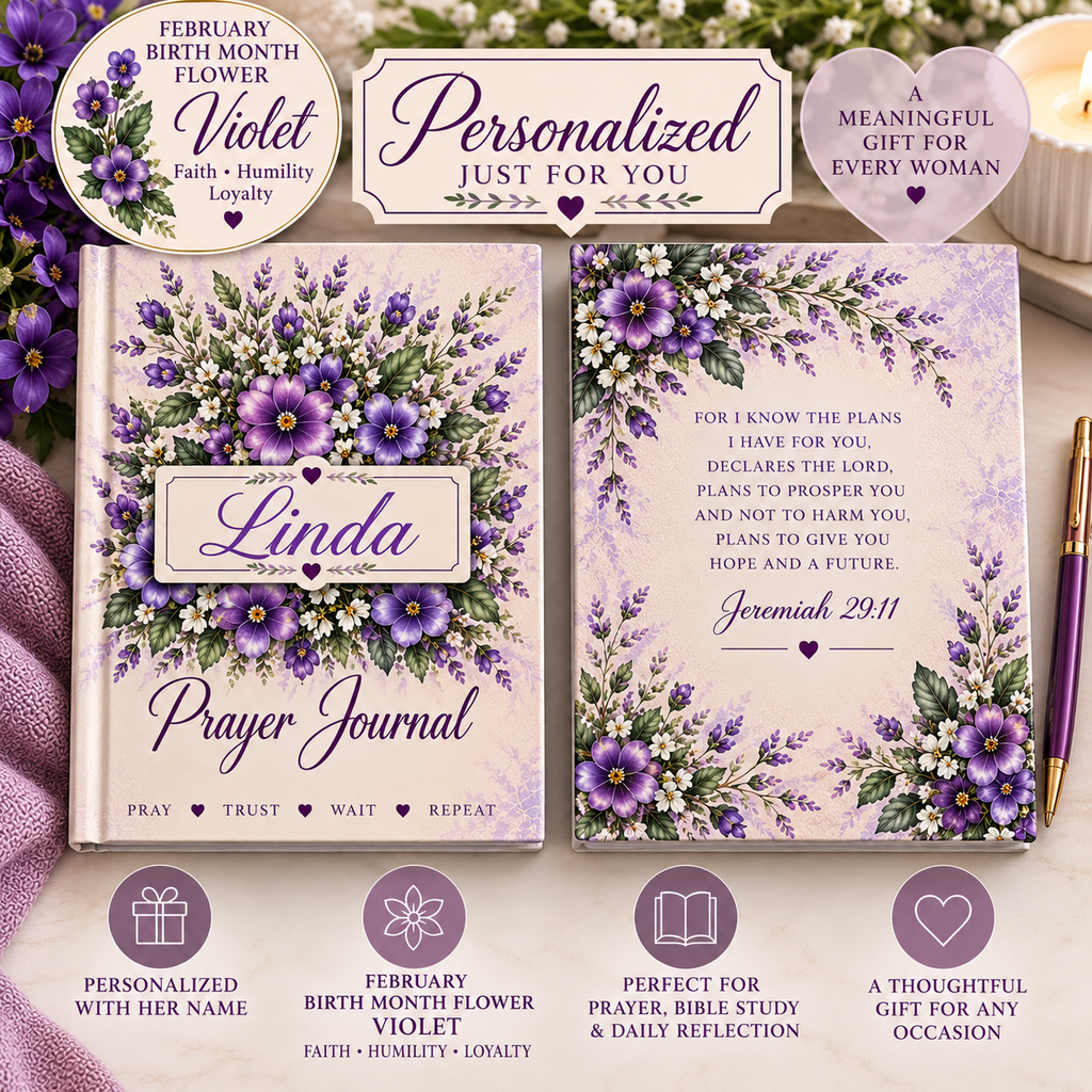 Personalized February Birth Flower Prayer Journal, Violet Christian Journal with Name, February Birthday Gift for Her, Bible Verse Journal