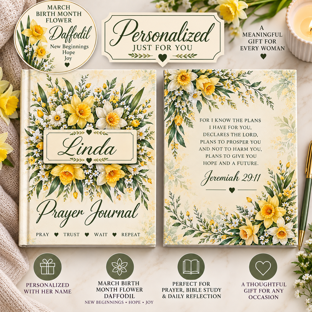 Personalized March Birth Flower Prayer Journal, Daffodil Christian Journal with Name, March Birthday Gift for Her, Bible Verse Journal