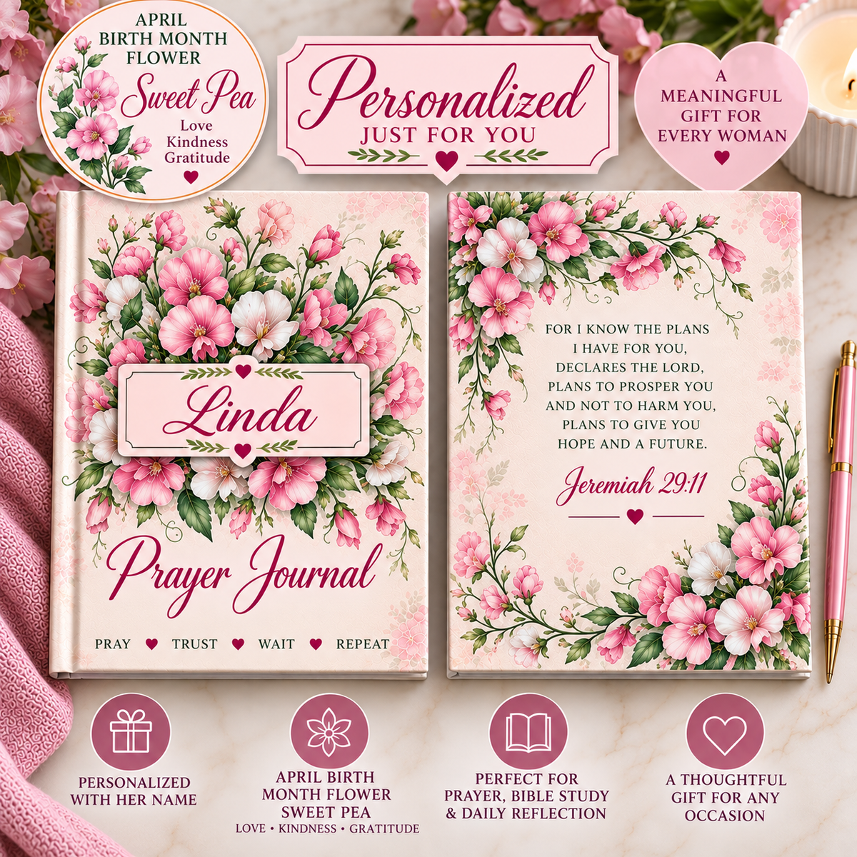 Personalized April Birth Flower Prayer Journal, Sweet Pea Christian Journal with Name, April Birthday Gift for Her, Bible Verse Journal
