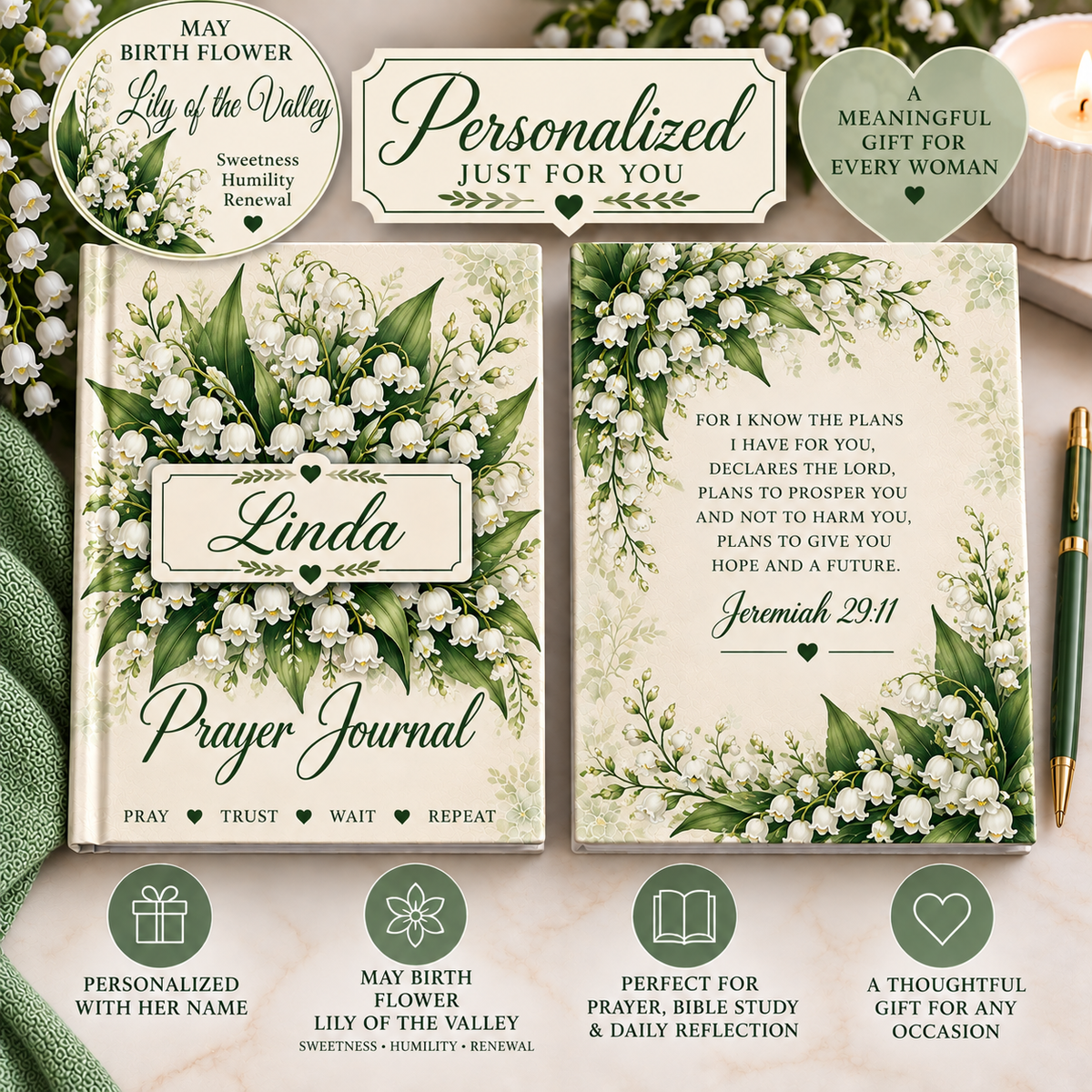 Personalized May Birth Flower Prayer Journal, Lily of the Valley Christian Journal with Name, May Birthday Gift for Her, Bible Verse Journal