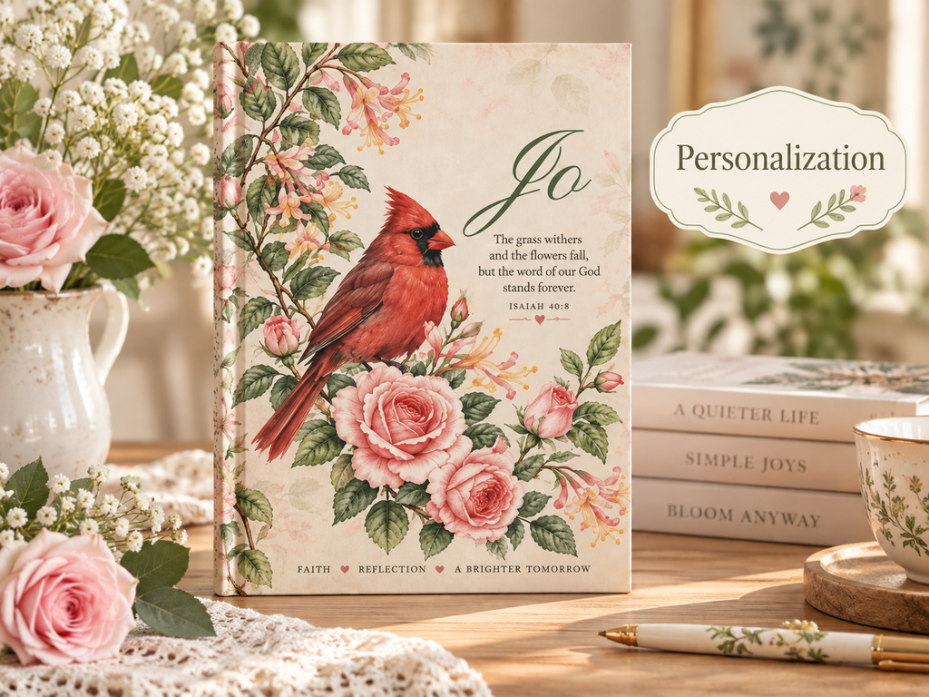 Personalized Cardinal Journal, Pink Rose Floral Notebook, Christian Prayer Journal, Isaiah 40:8, Custom Name Gift for Her