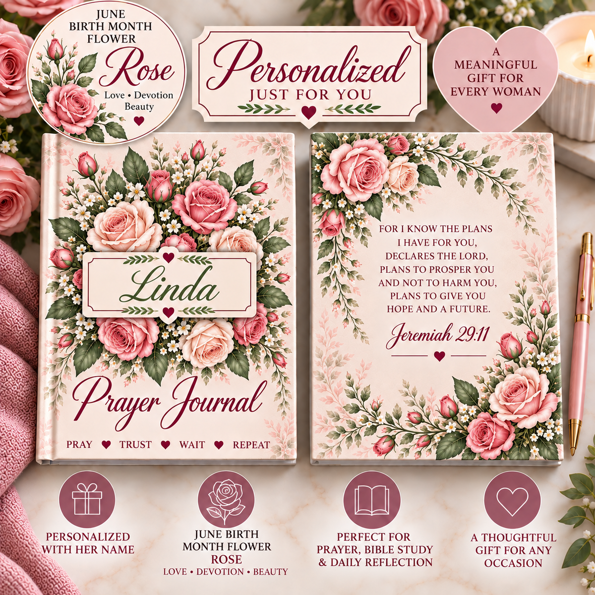 Personalized June Birth Flower Prayer Journal, Rose Christian Journal, Jeremiah 29:11 Notebook, Birthday Gift for Her, Faith Journal