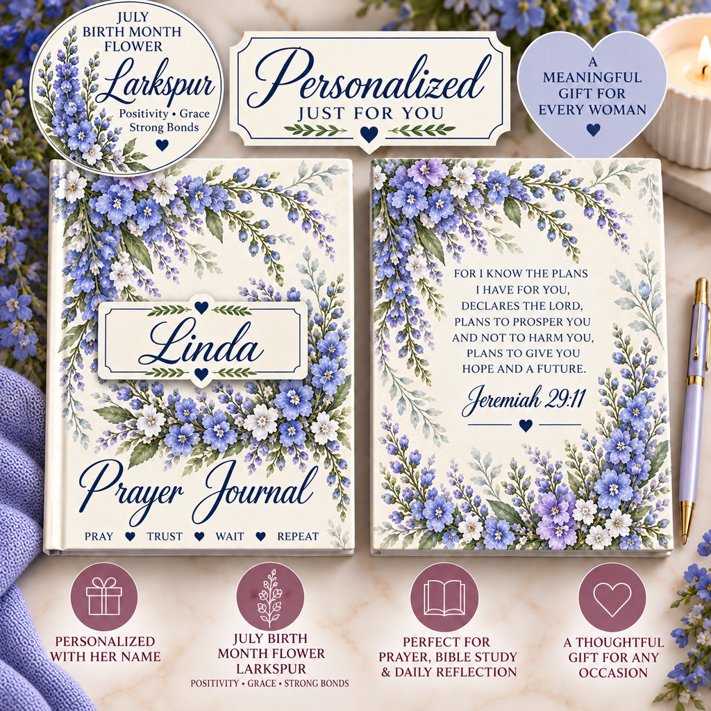Personalized July Birth Flower Prayer Journal, Larkspur Christian Journal, Jeremiah 29:11 Notebook, Birthday Gift for Her, Faith Journal