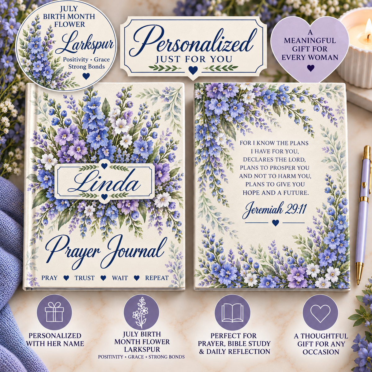 Personalized July Birth Flower Prayer Journal, Larkspur Christian Journal, Jeremiah 29:11 Notebook, Birthday Gift for Her, Faith Journal