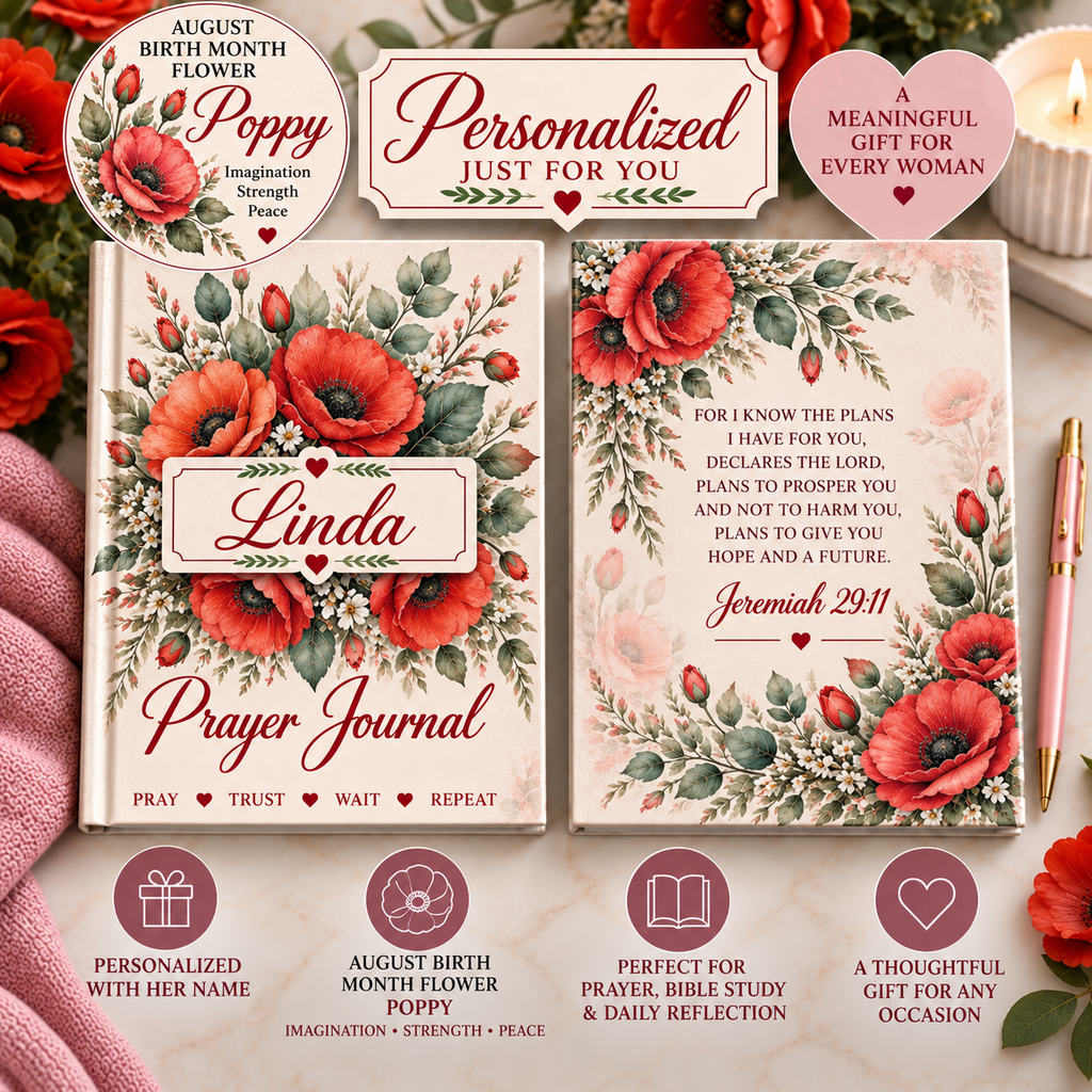 Personalized August Birth Flower Prayer Journal, Poppy Christian Journal, Jeremiah 29:11 Notebook, Personalized Faith Gift for Women, Bible Study Journal
