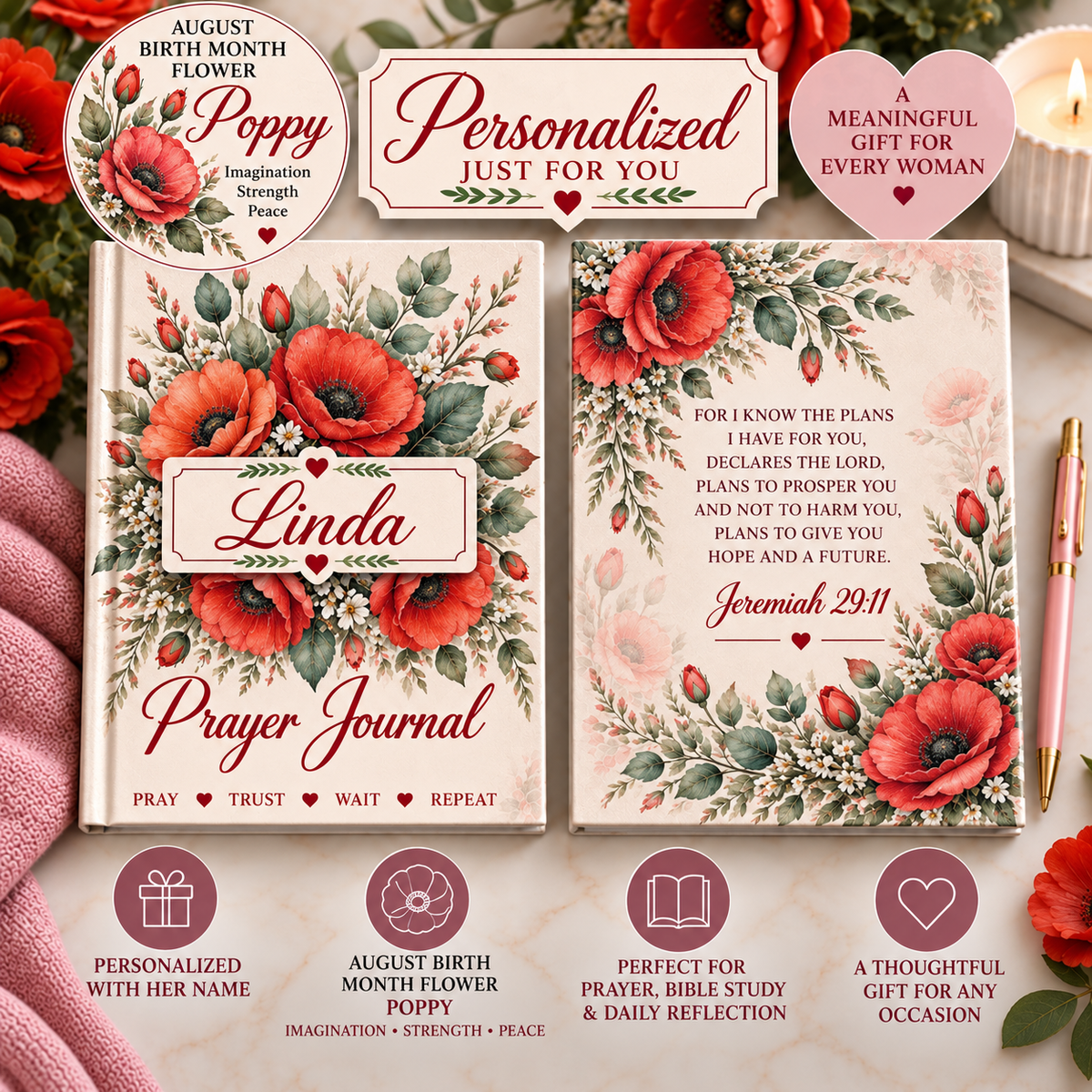 Personalized August Birth Flower Prayer Journal, Poppy Christian Journal, Jeremiah 29:11 Notebook, Personalized Faith Gift for Women, Bible Study Journal