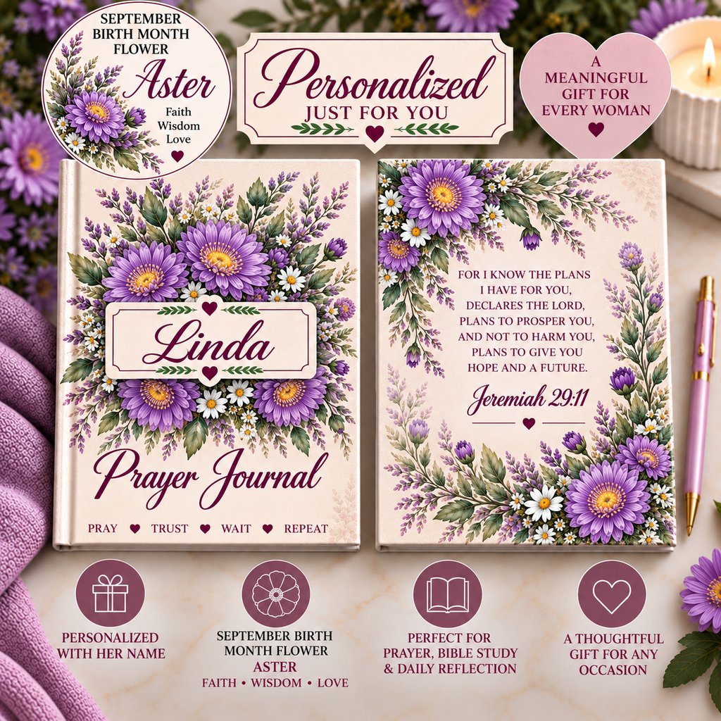 Personalized September Birth Flower Prayer Journal, Aster Christian Journal, Jeremiah 29:11 Notebook, Personalized Faith Gift for Women, Prayer Journal