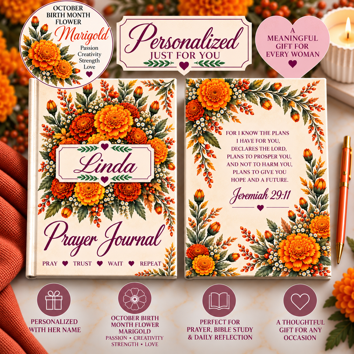 Personalized October Birth Flower Prayer Journal, Marigold Christian Notebook, Jeremiah 29:11 Gift for Women, Bible Study Journal