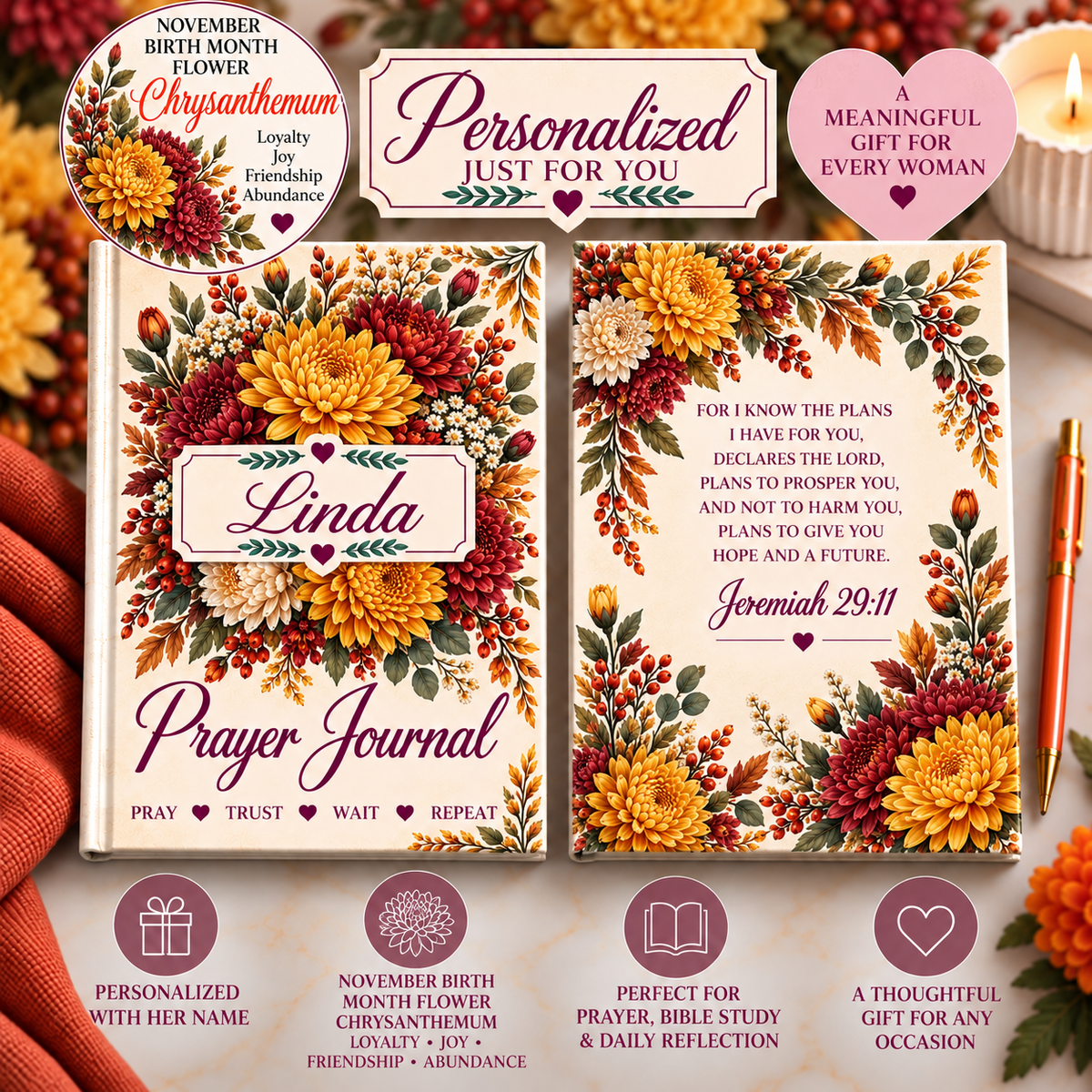 Personalized November Birth Flower Prayer Journal, Chrysanthemum Christian Notebook, Jeremiah 29:11 Bible Verse Gift for Her