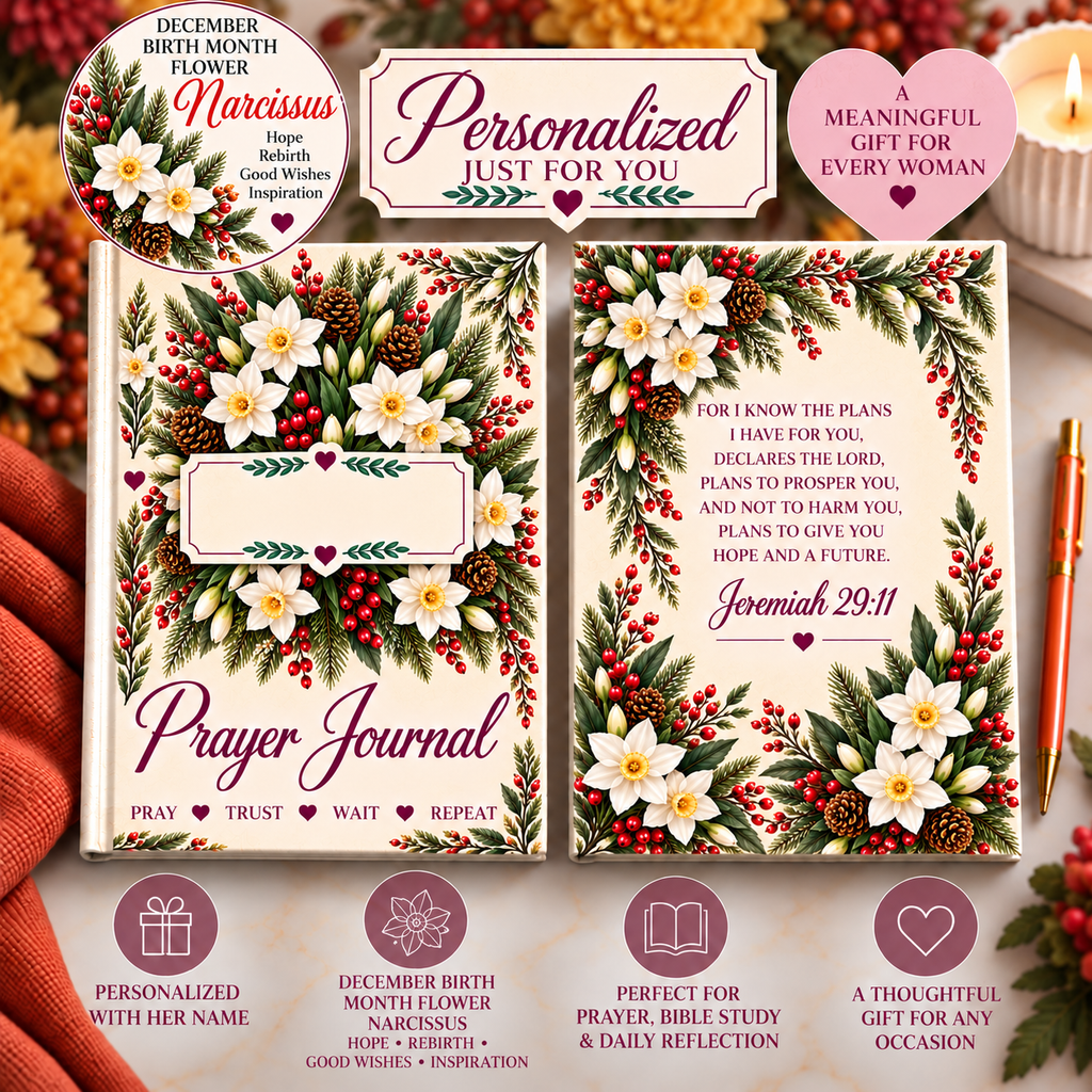 Personalized December Birth Flower Prayer Journal, Narcissus Christian Notebook, Jeremiah 29:11 Bible Verse Gift for Her