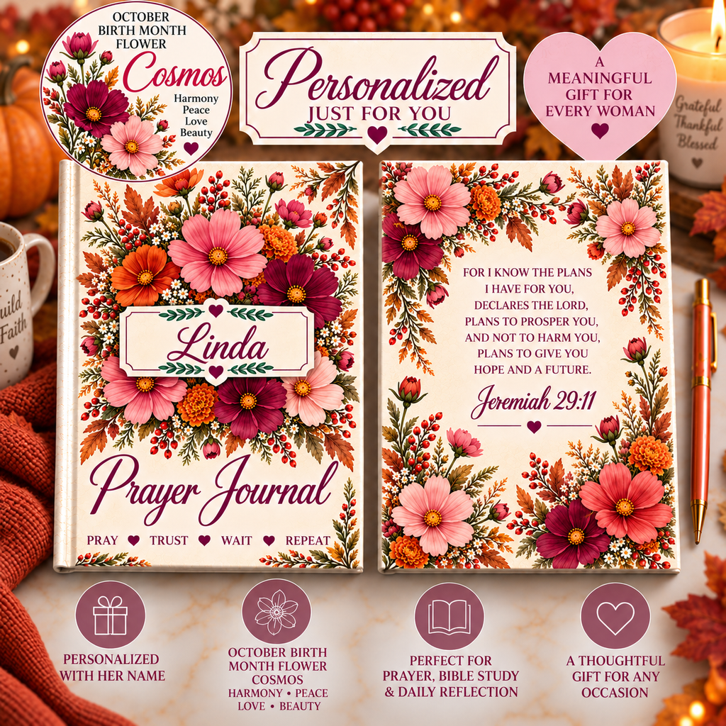 Personalized October Birth Flower Prayer Journal, Cosmos Floral Christian Notebook, Jeremiah 29:11 Bible Verse Gift for Her