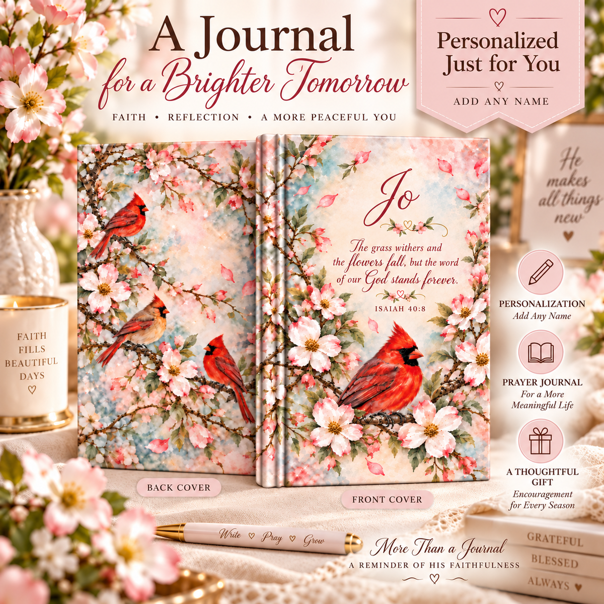 Personalized Cardinal Prayer Journal, Dogwood Floral Christian Notebook, Isaiah 40:8 Bible Verse Gift for Her, Custom Name Journal