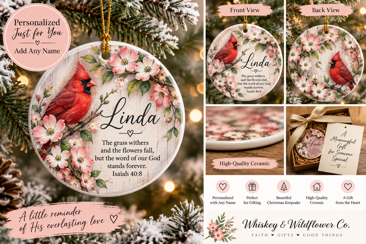 Personalized Cardinal Dogwood Ornament, Pink Floral Christmas Ornament, Isaiah 40:8 Christian Gift, Custom Name Memorial Keepsake