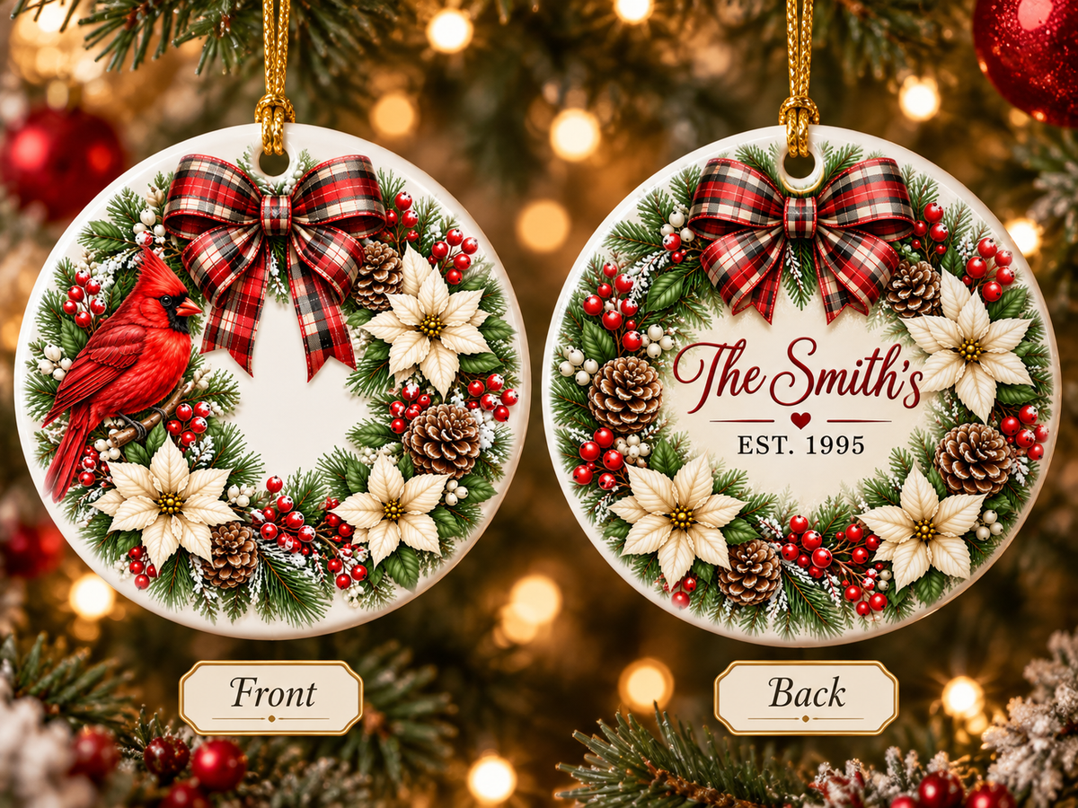 Personalized Christmas Ornament, Custom Name Family Keepsake, Holiday Wreath Ornament, Christmas Gift for Family, Friends or Memorial