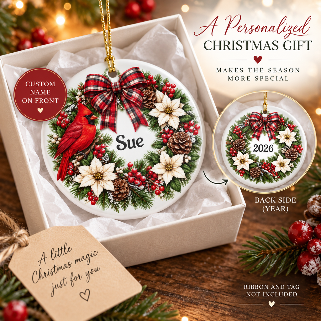 Personalized Christmas Ornament, Custom Name Family Keepsake, Holiday Wreath Ornament, Christmas Gift for Family, Friends or Memorial