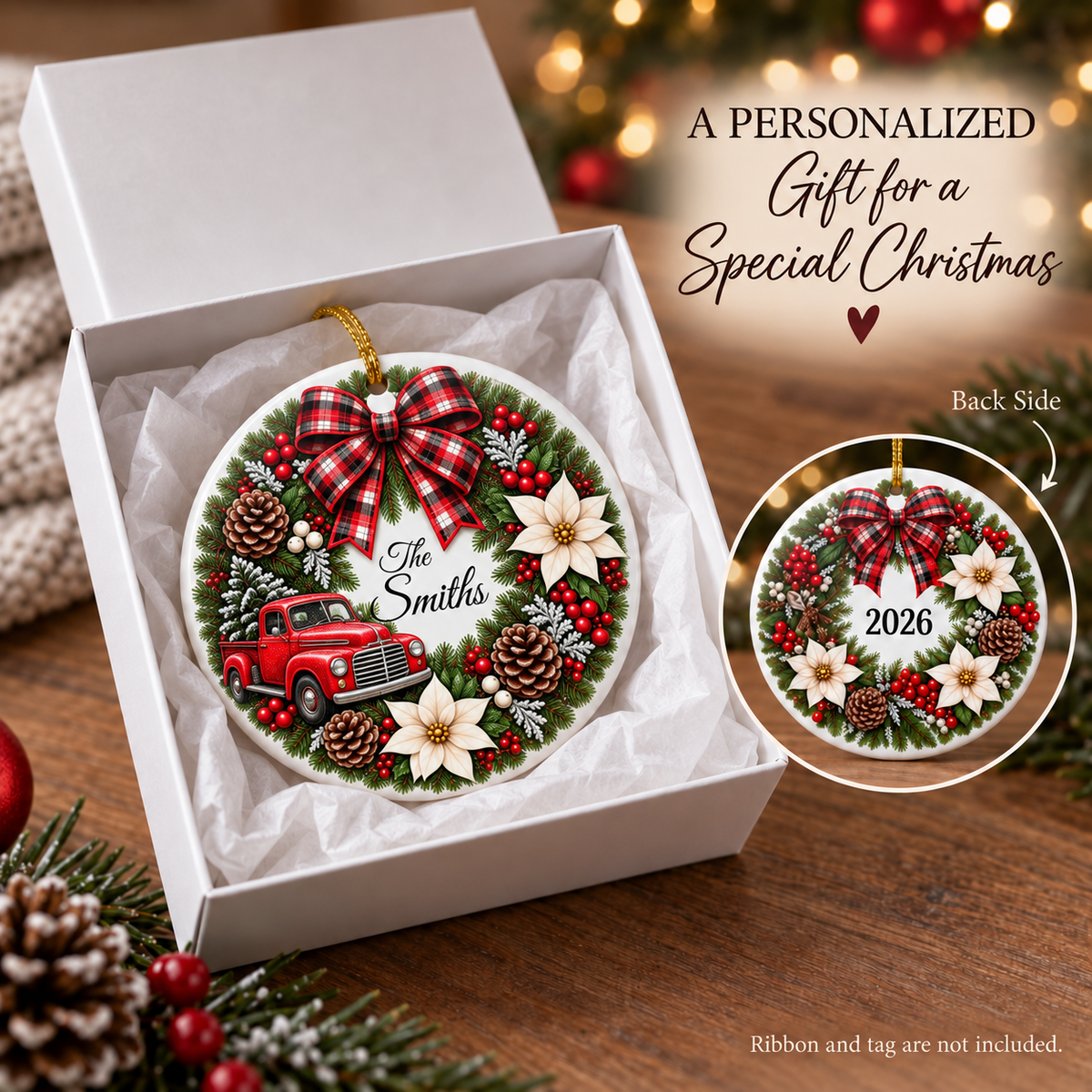 Personalized Christmas Ornament, Custom Name Family Keepsake, Holiday Wreath Ornament, Christmas Gift for Family, Friends or Memorial