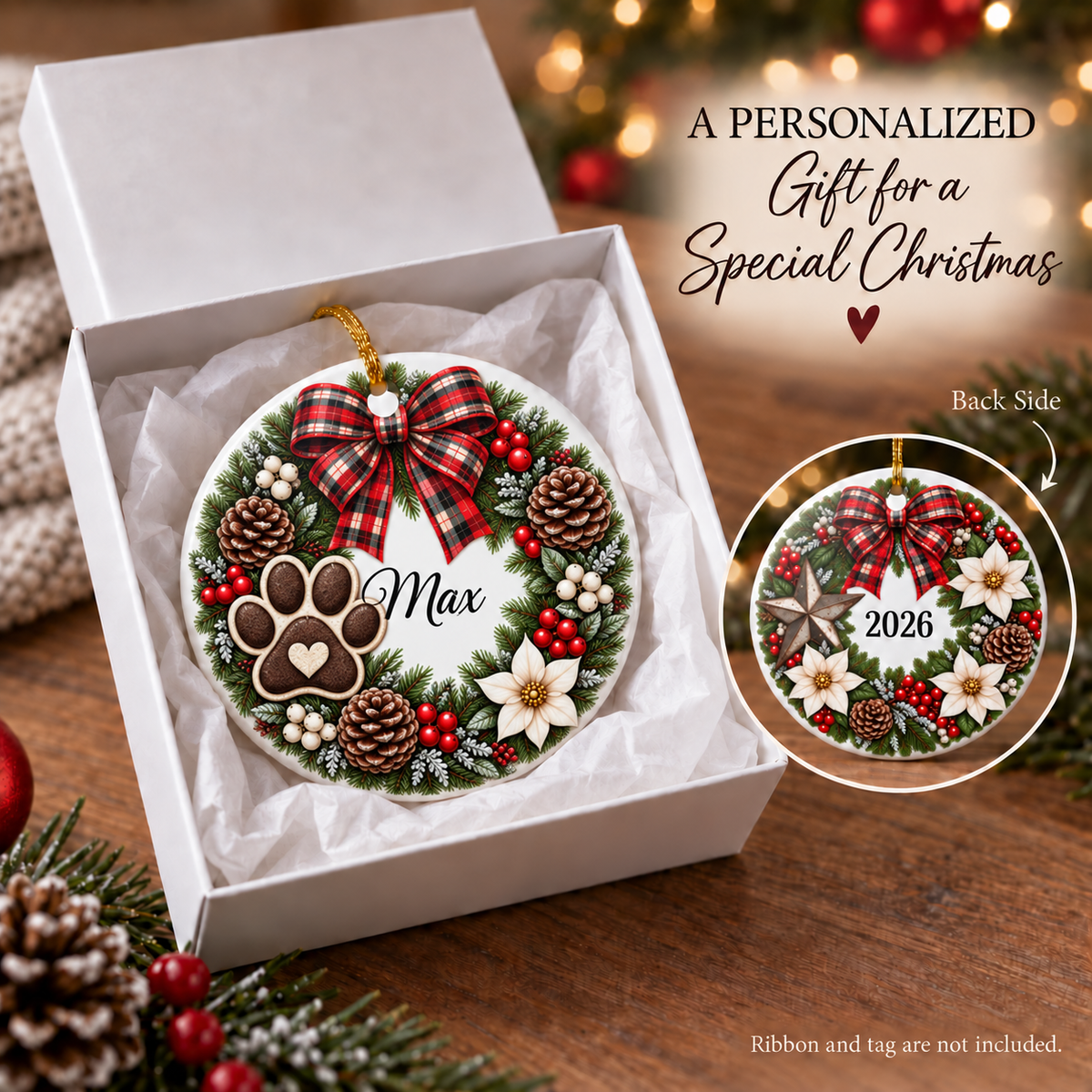 Personalized Christmas Ornament, Custom Name Family Keepsake, Holiday Wreath Ornament, Christmas Gift for Family, Friends or Memorial