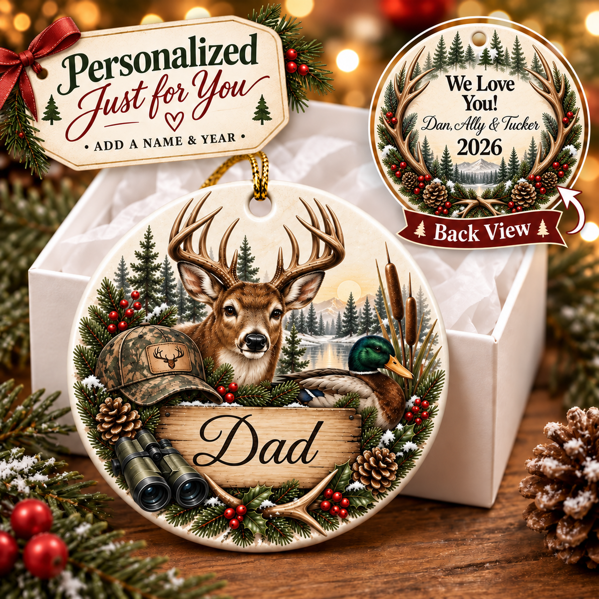 Personalized Christmas Ornament, Custom Name Family Keepsake, Hunter Ornament, Christmas Gift for Family, Friends or Memorial