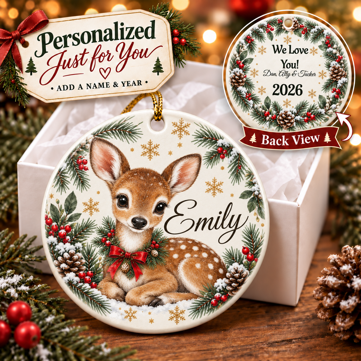 Personalized Fawn Hunter Ornament, Custom Name 2026 Deer Christmas Keepsake, Hunter Gift