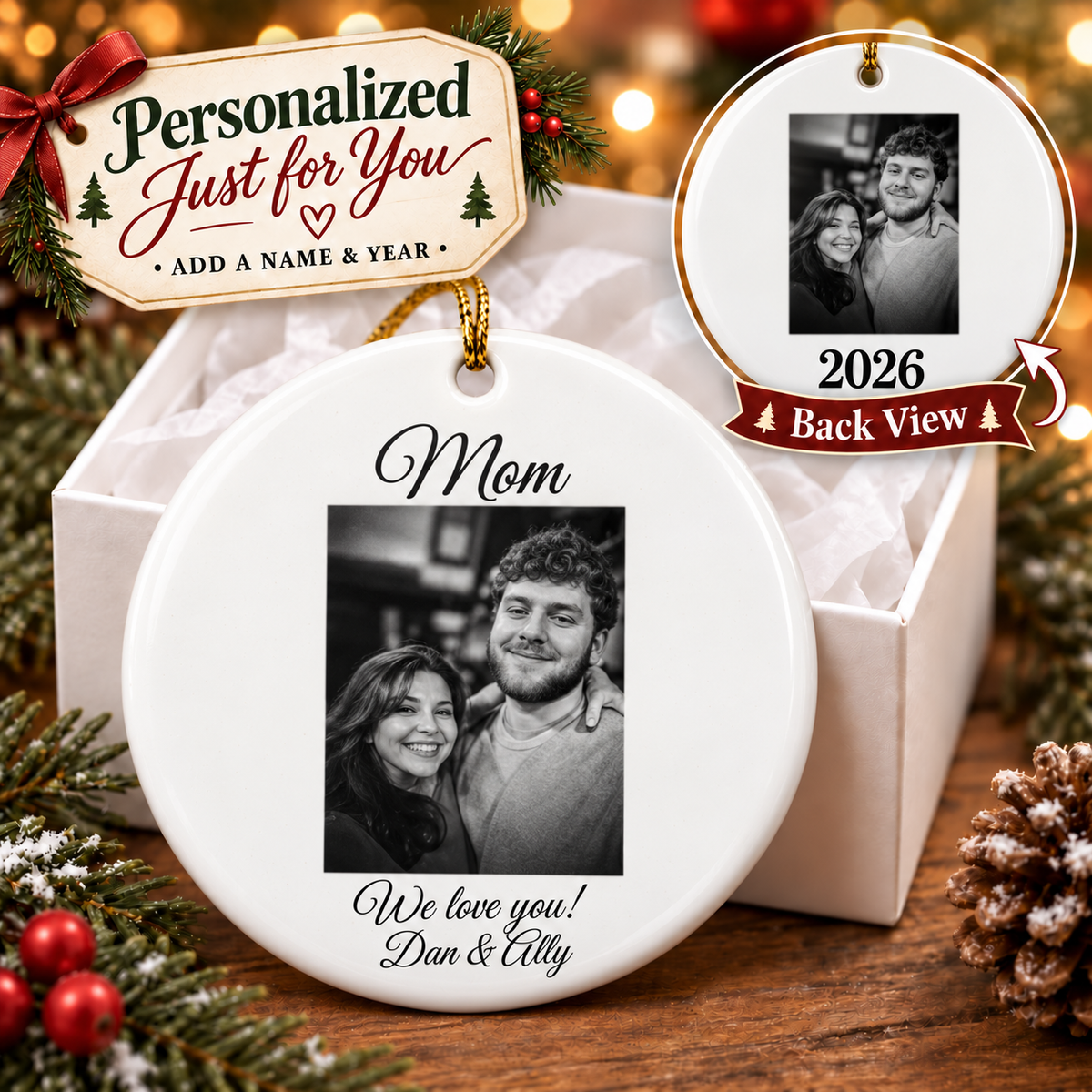 Personalized Christmas Ornament, Custom Name Family Keepsake, Holiday Wreath Ornament, Christmas Gift for Family, Friends or Memorial