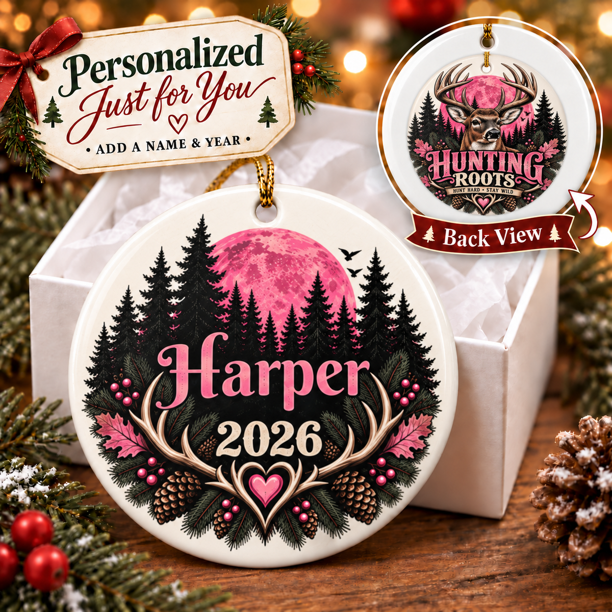 Personalized Hunting Ornament for Her, Pink Whitetail Deer Christmas Ornament, Custom Name 2026 Hunter Gift, Hunting Roots Keepsake