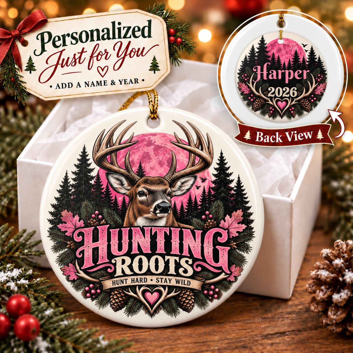 Personalized Pink Whitetail Hunter Ornament, Custom Name 2026 Christmas Keepsake, Gift for Her