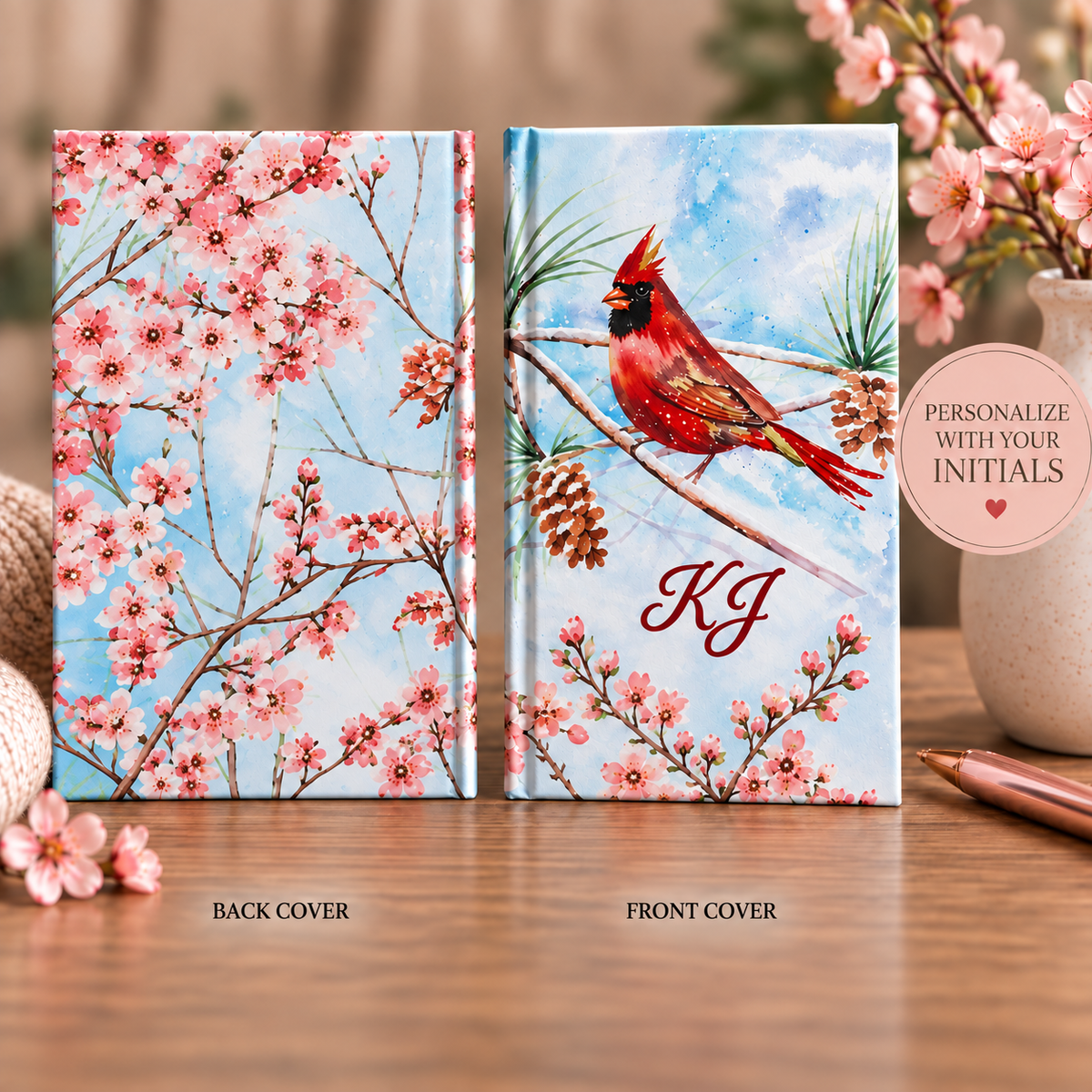 Cardinal Floral Hardcover Journal — Personalized Monogram Lined Notebook