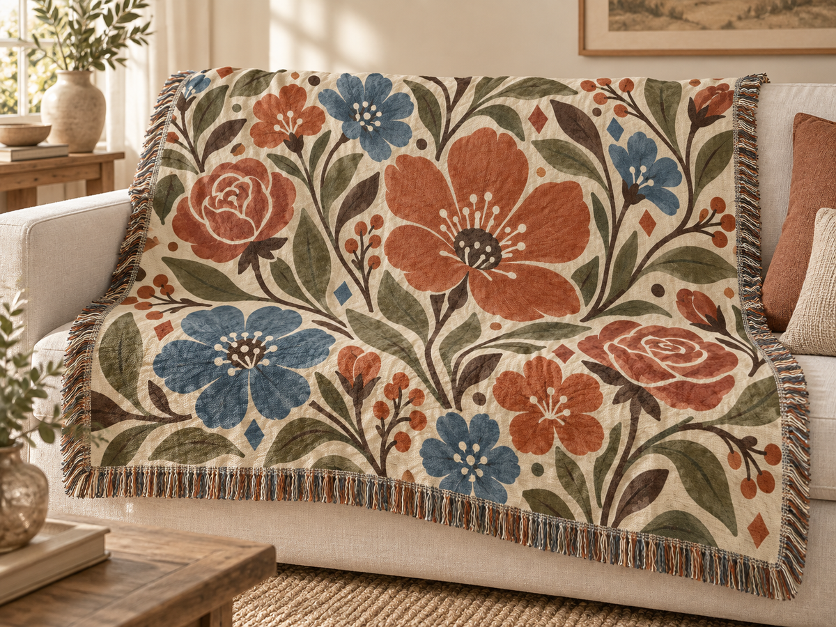 Floral Woven Blanket — Boho Vintage Floral Throw for Living Room & Bedroom