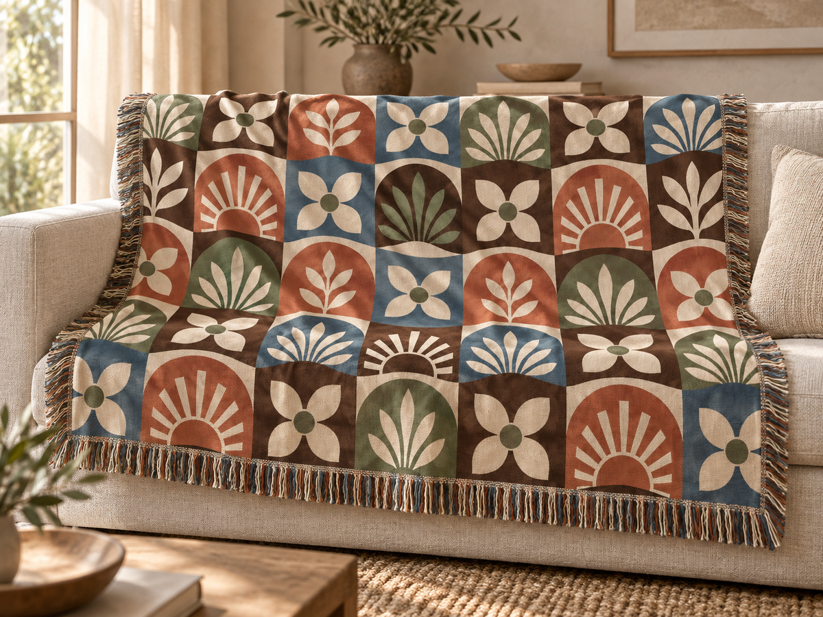 Boho Geometric Woven Blanket — Retro Floral Tile Throw