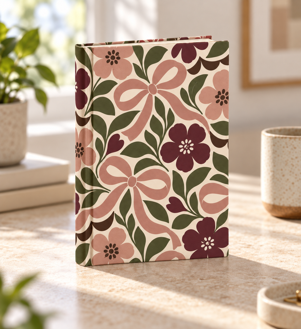 Floral Bow Hardcover Journal — Lined Notebook with Vintage Rose Pattern