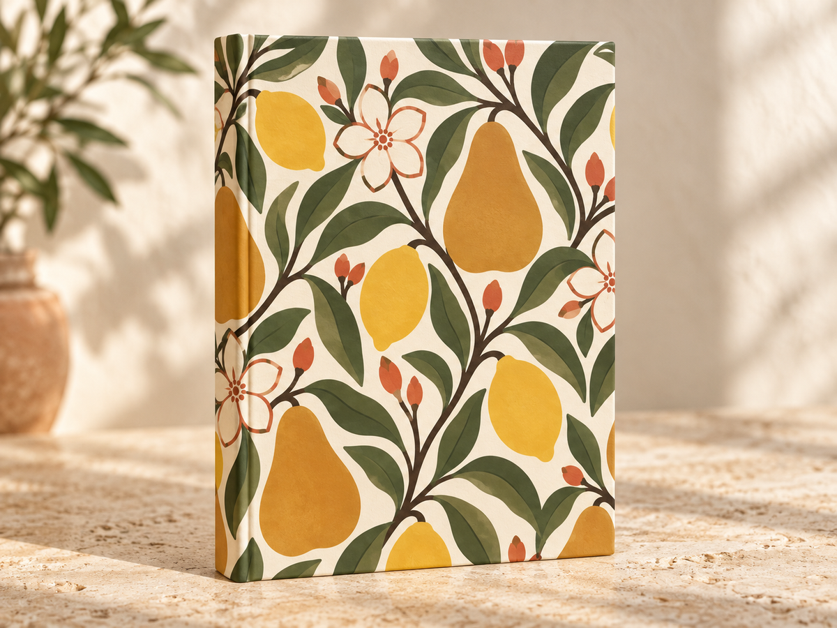 Hardcover Journal — Retro Citrus Pear & Lemon Floral Lined Notebook