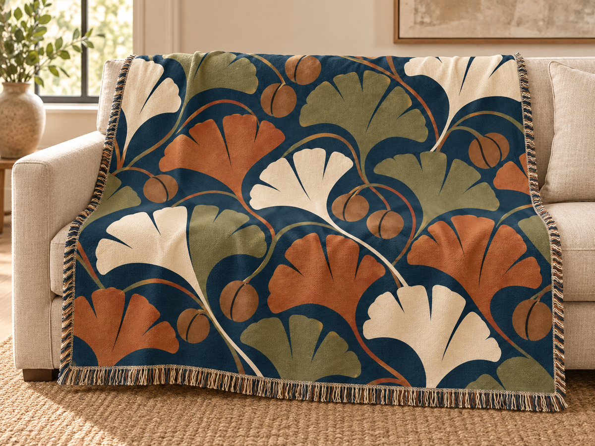 Ginkgo Leaf Woven Blanket — Vintage Botanical Throw