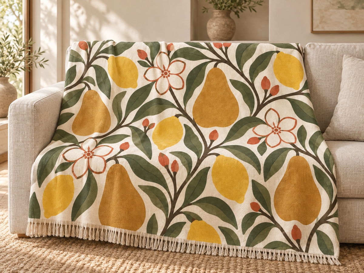 Pear & Blossom Woven Throw Blanket — Floral Fruit Pattern, Cozy Decorative Throw