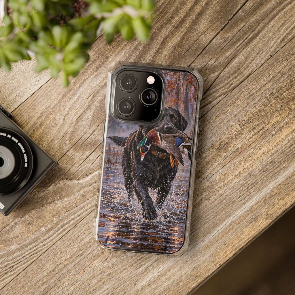 Clear Magnetic Phone Case — Black Lab with Duck swamp