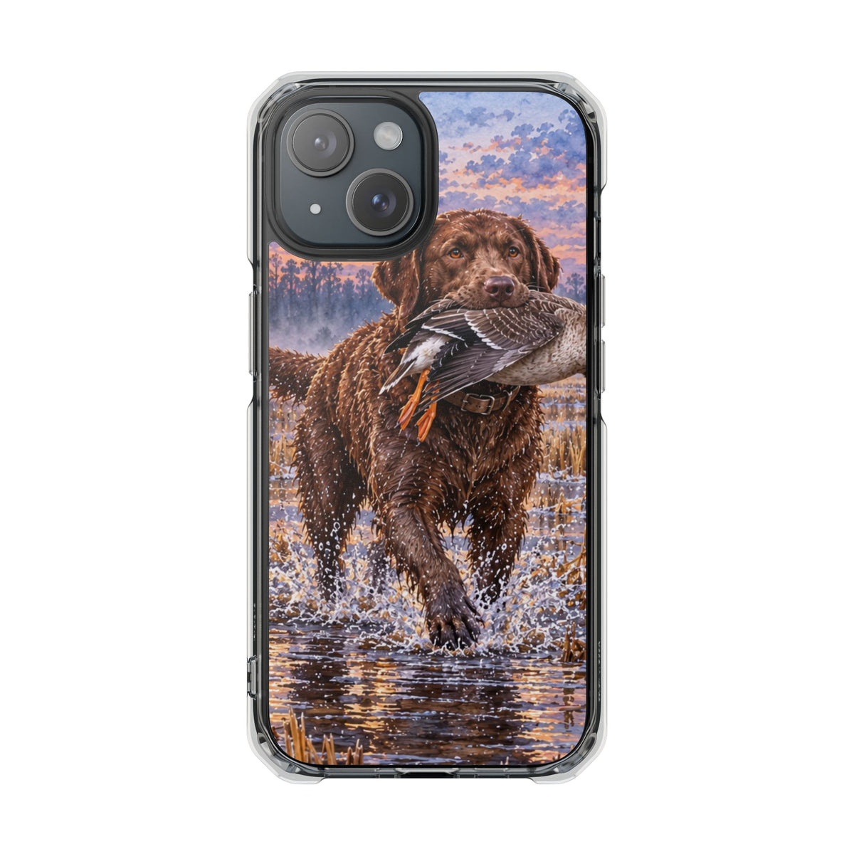 Clear Magnetic Phone Case — Chocolate Lab with Duck in swamp