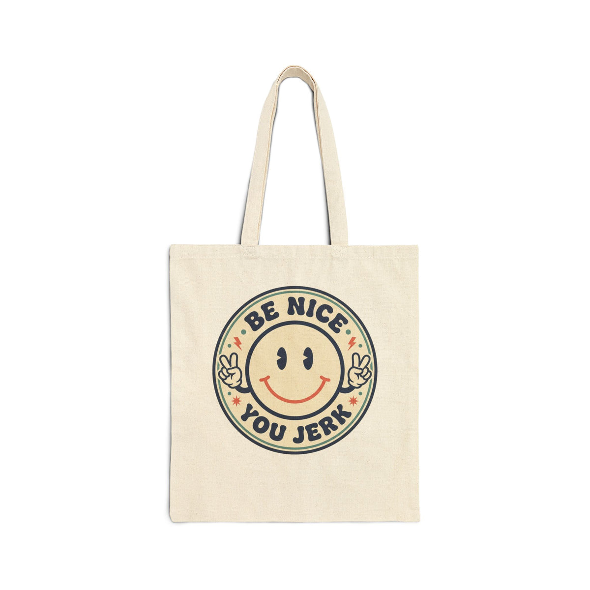 Be Nice You Jerk smiley tote, Canvas Tote Bag | retro smile face slogan