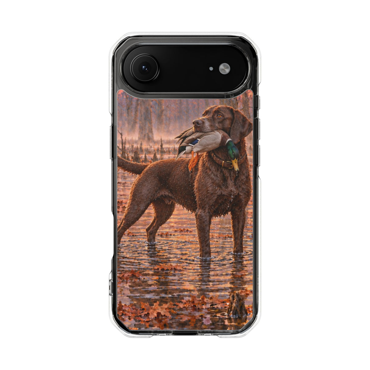 Clear Magnetic Phone Case — Chocolate Lab with Duck swamp