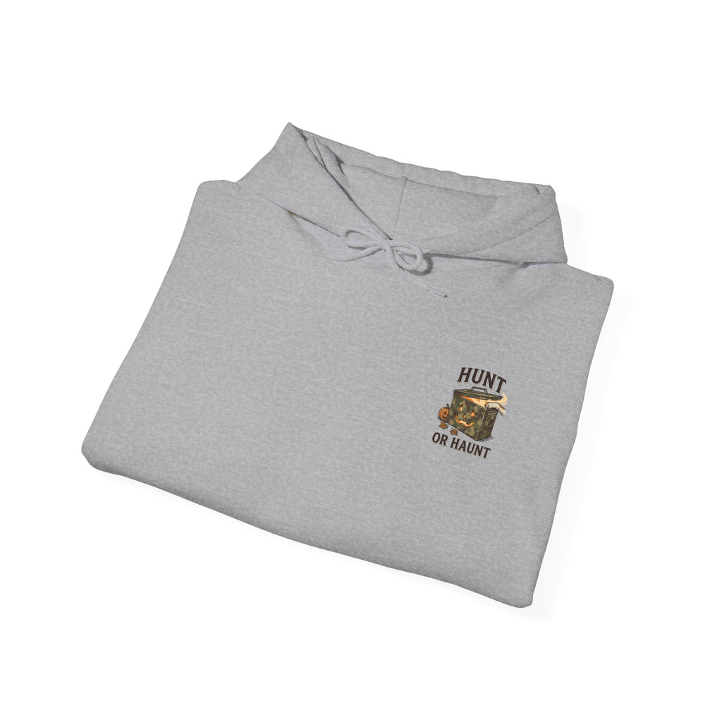 Hunt or Haunt Hoodie | Spooky Hunting Skull, Cabin Night Outdoor Graphic
