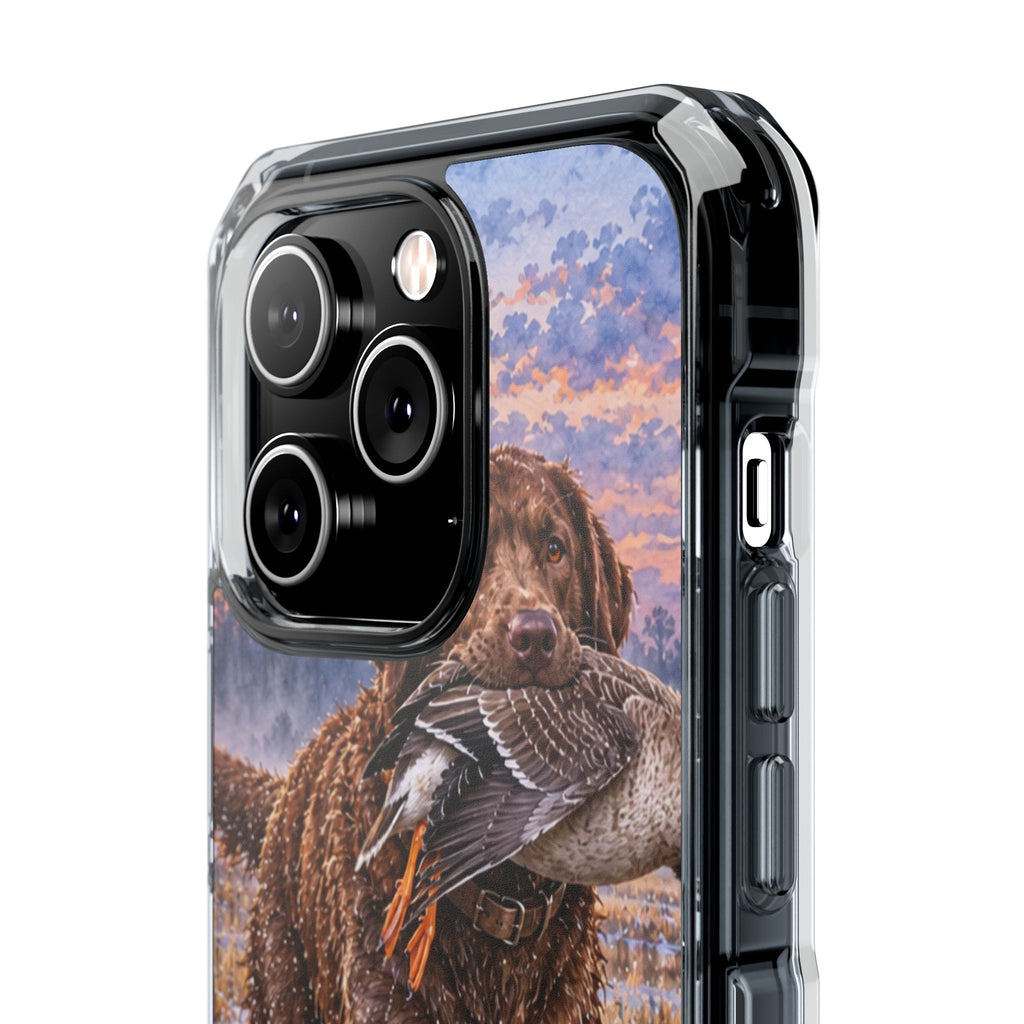 Clear Magnetic Phone Case — Chocolate Lab with Duck in swamp
