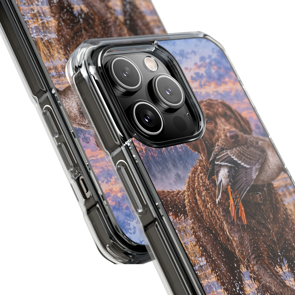 Clear Magnetic Phone Case — Chocolate Lab with Duck in swamp