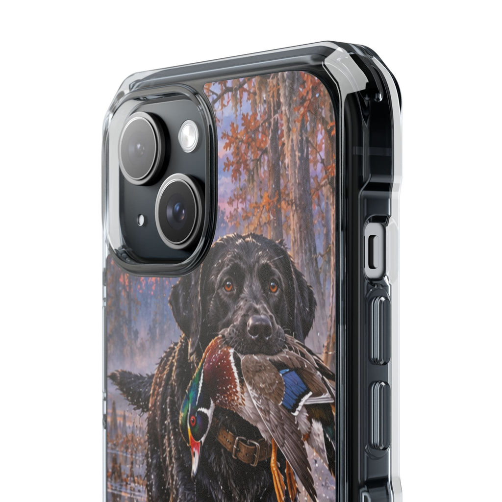 Clear Magnetic Phone Case — Black Lab with Duck swamp