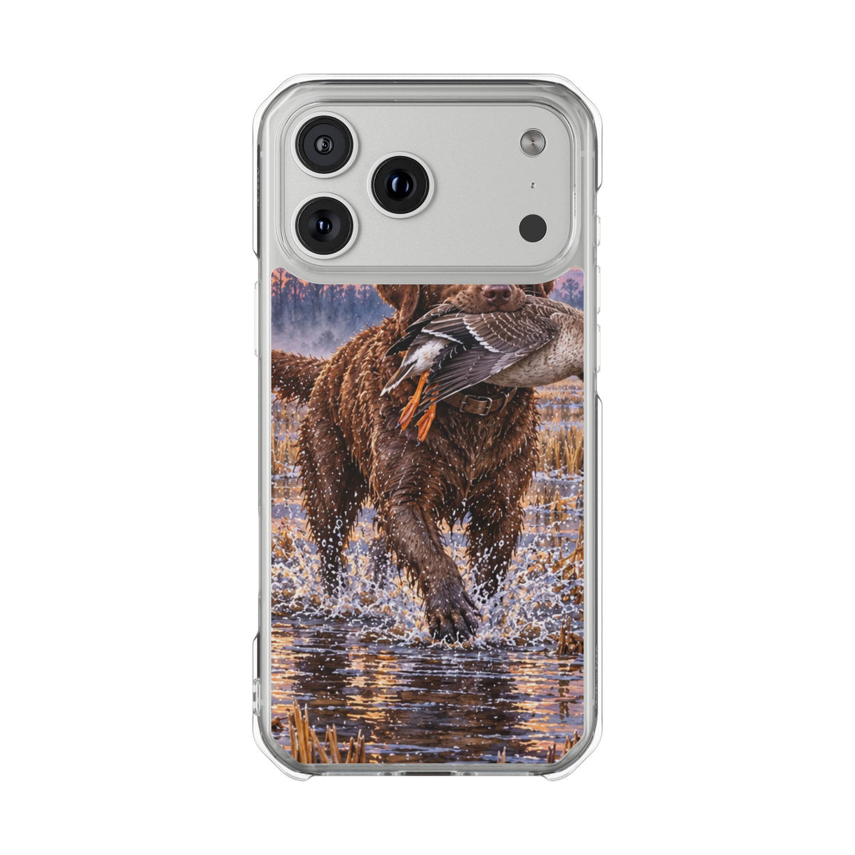 Clear Magnetic Phone Case — Chocolate Lab with Duck in swamp