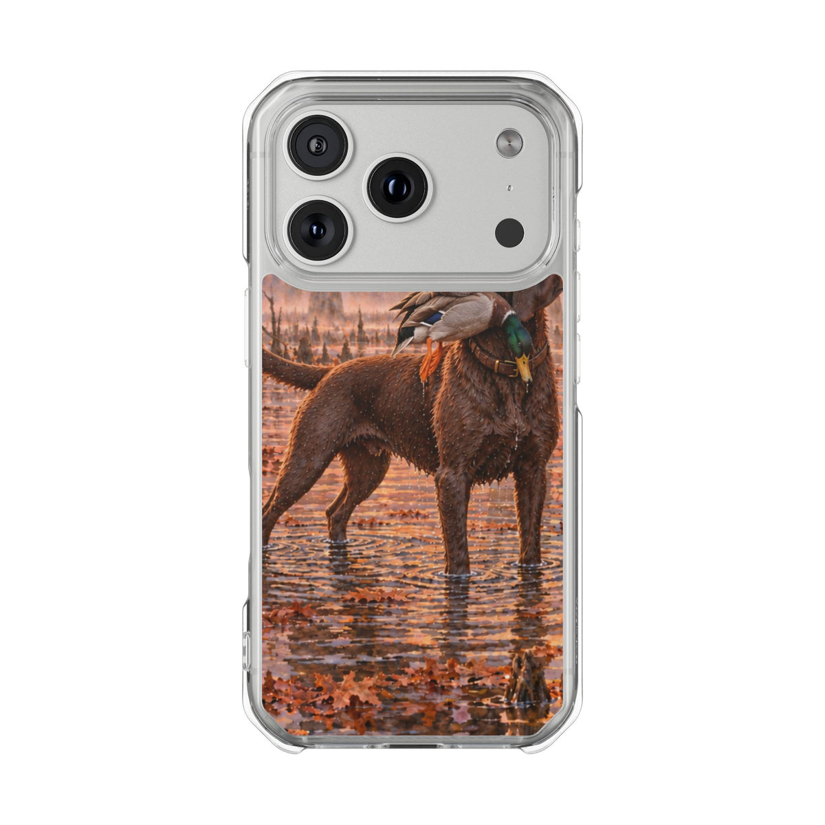 Clear Magnetic Phone Case — Chocolate Lab with Duck swamp