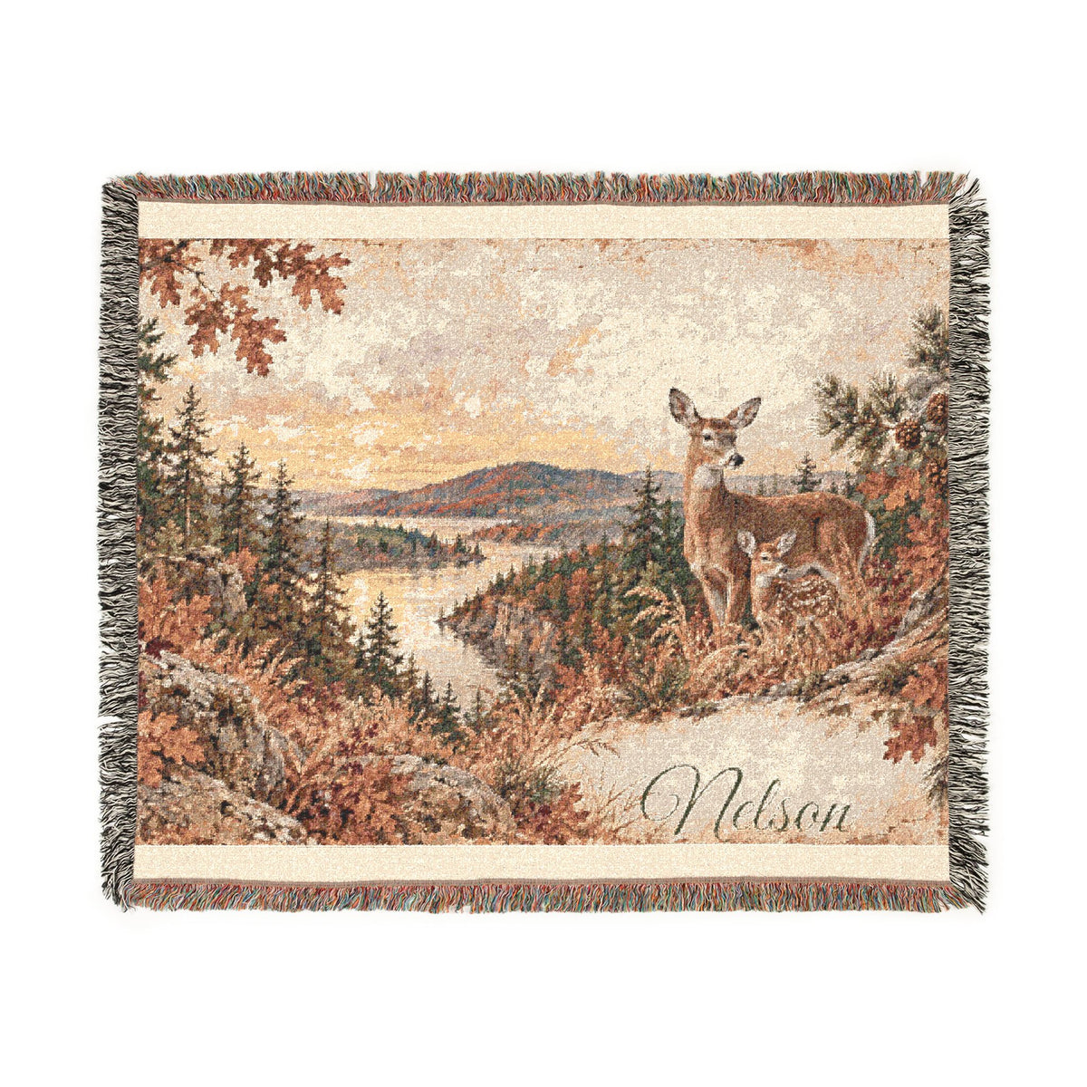 Deer Lake Woven Blanket — Scenic Woodland Throw with 'Welcome' Embroidery