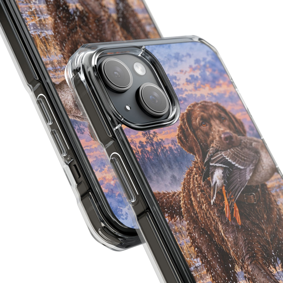 Clear Magnetic Phone Case — Chocolate Lab with Duck in swamp