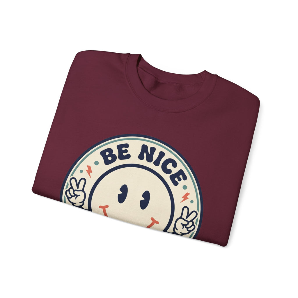 Be Nice You Jerk Smile Patch Crewneck Sweatshirt | Slogan Graphic, Retro Badge
