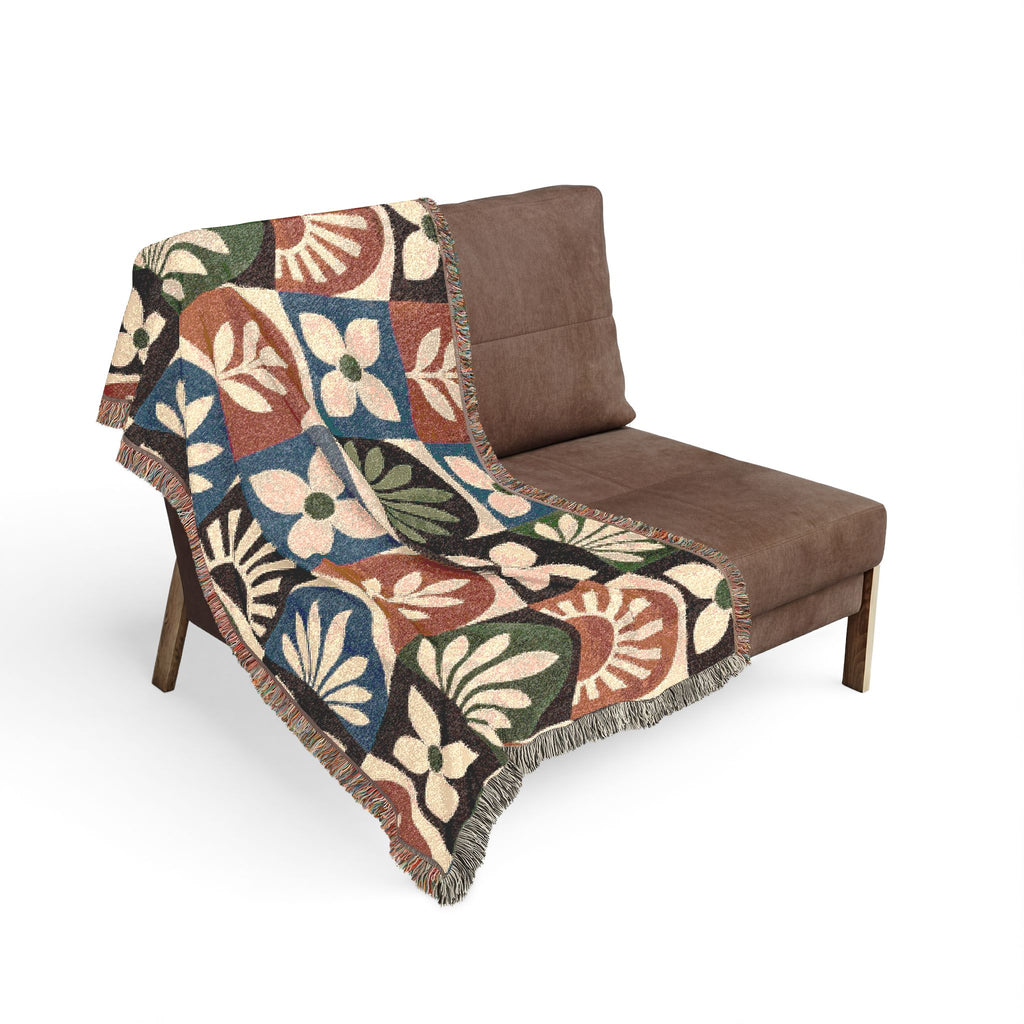 Boho Geometric Woven Blanket — Retro Floral Tile Throw