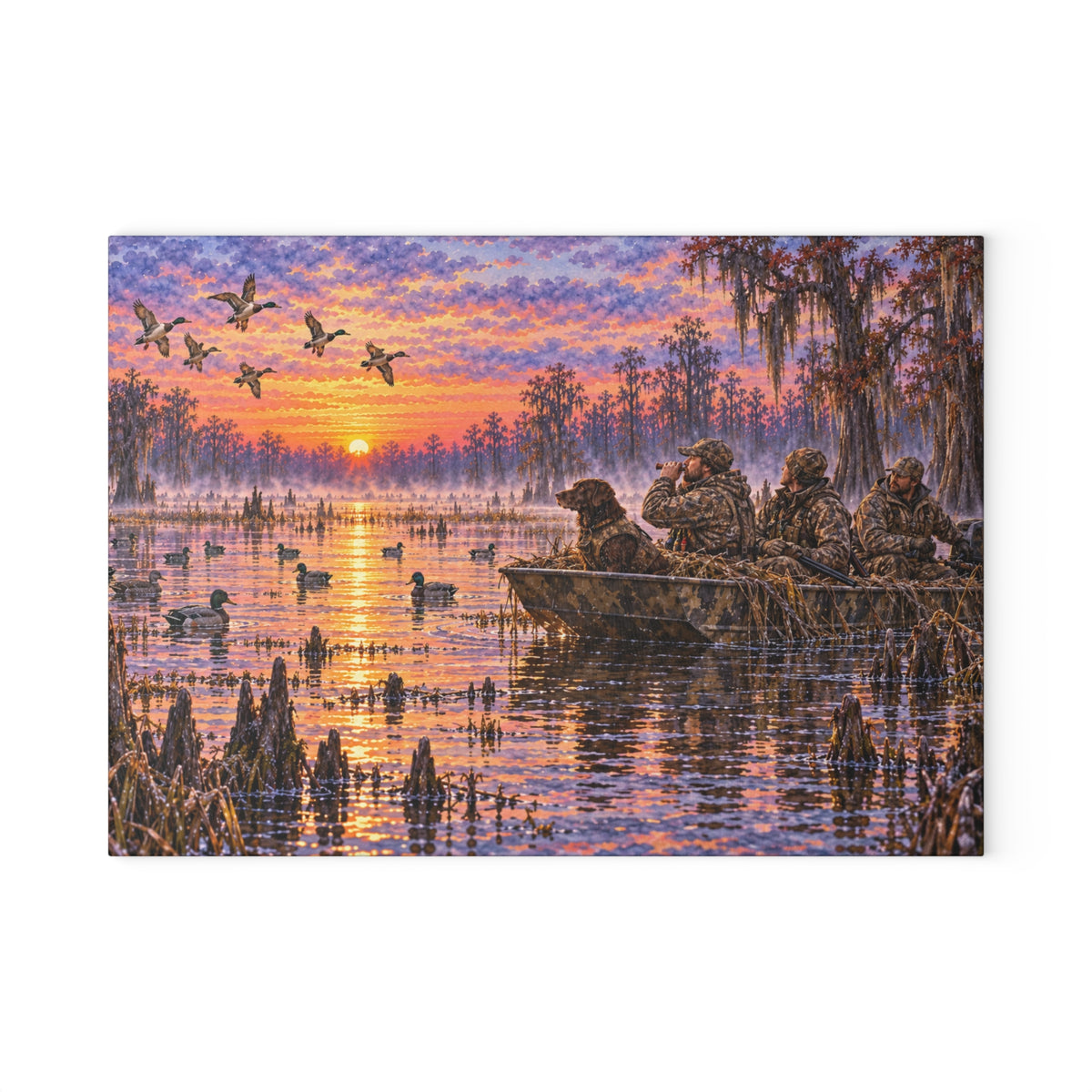 Glass Cutting Board — Sunrise Duck Hunt Scene | Rustic Wildlife Kitchen Decor