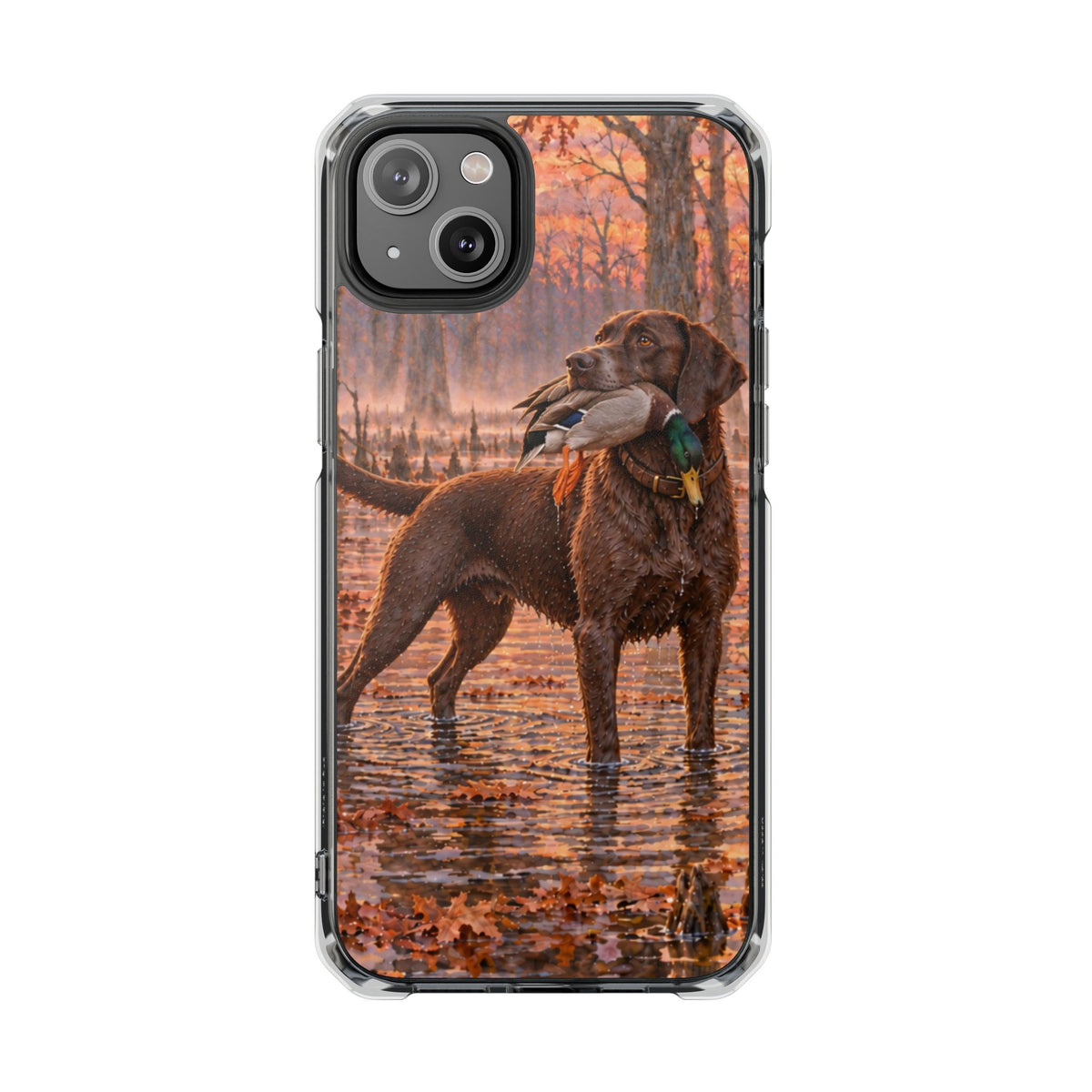Clear Magnetic Phone Case — Chocolate Lab with Duck swamp
